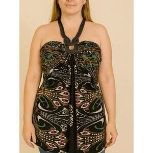 Made in USA top blouse black and chain detail halter style black printed stretch